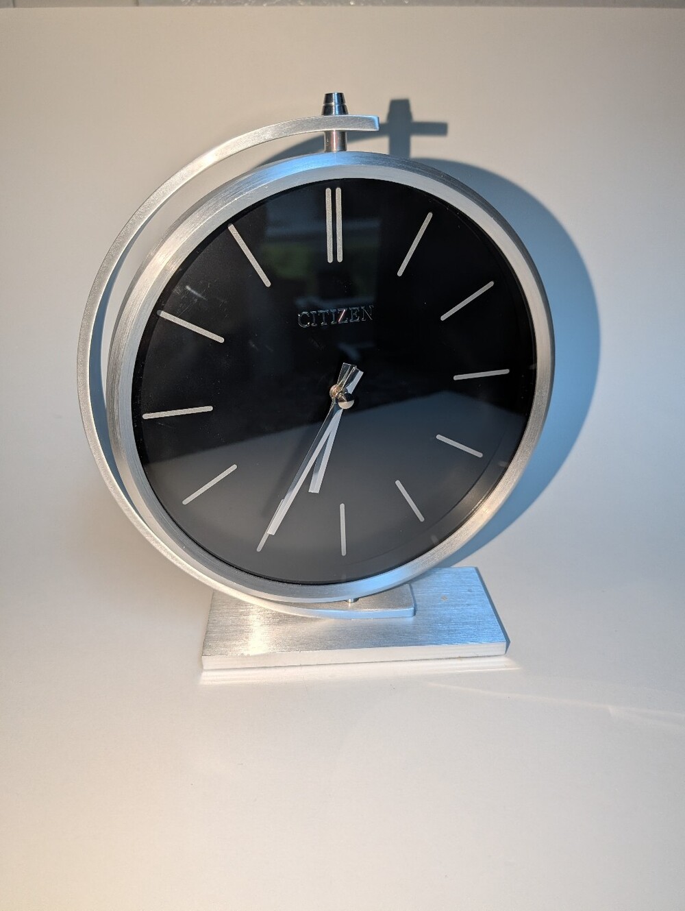 Vintage Citizen Desk Mantel Clock Black Dial Silver Metal For Parts